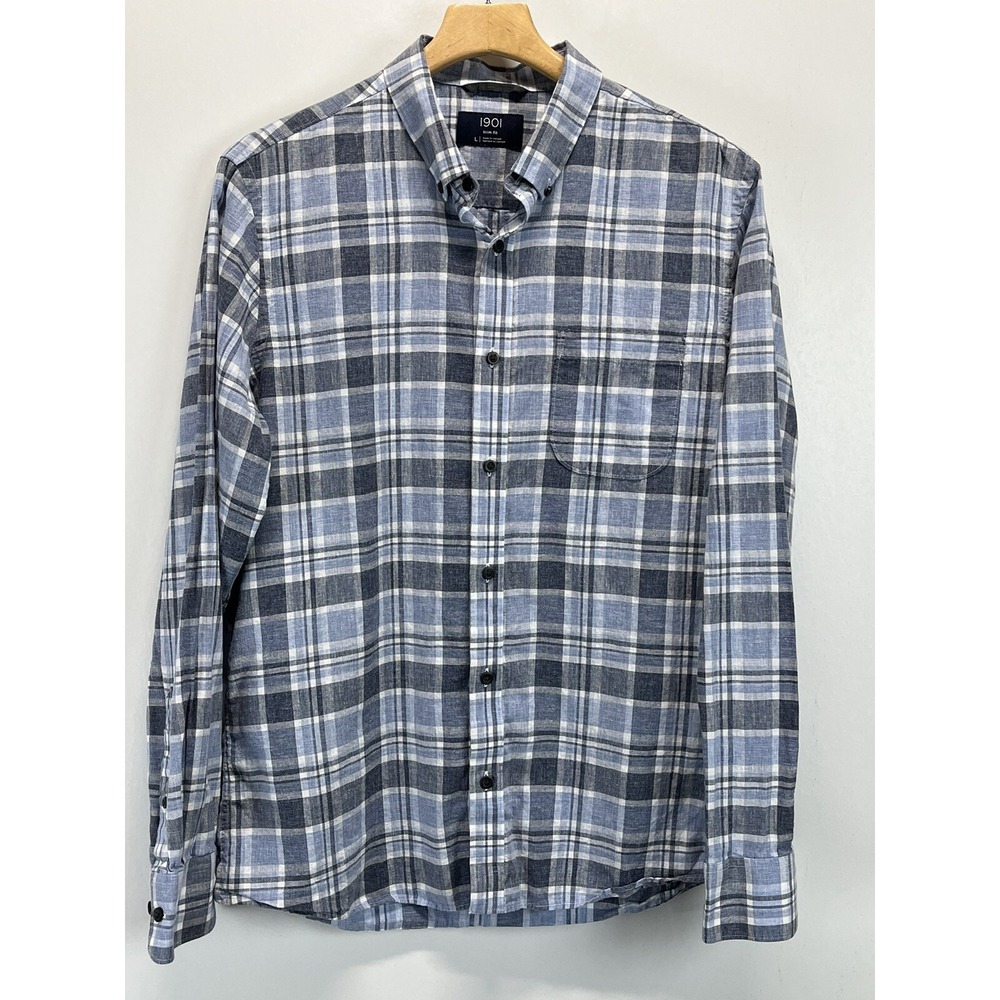 1901 Nordstrom Linen Blend Button Up Shirt Sz M VGUC Plaid Slim Fit Beach